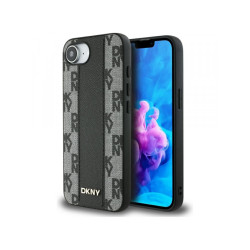 DKNY Coque cuir noire pour iPhone 16e damier mono MagSafe