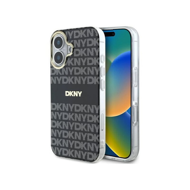 DKNY Coque iPhone 16 rigide noire texture répétitive avec rayures DKNY Coque iPhone 16 rigide noire texture répétitive avec rayures