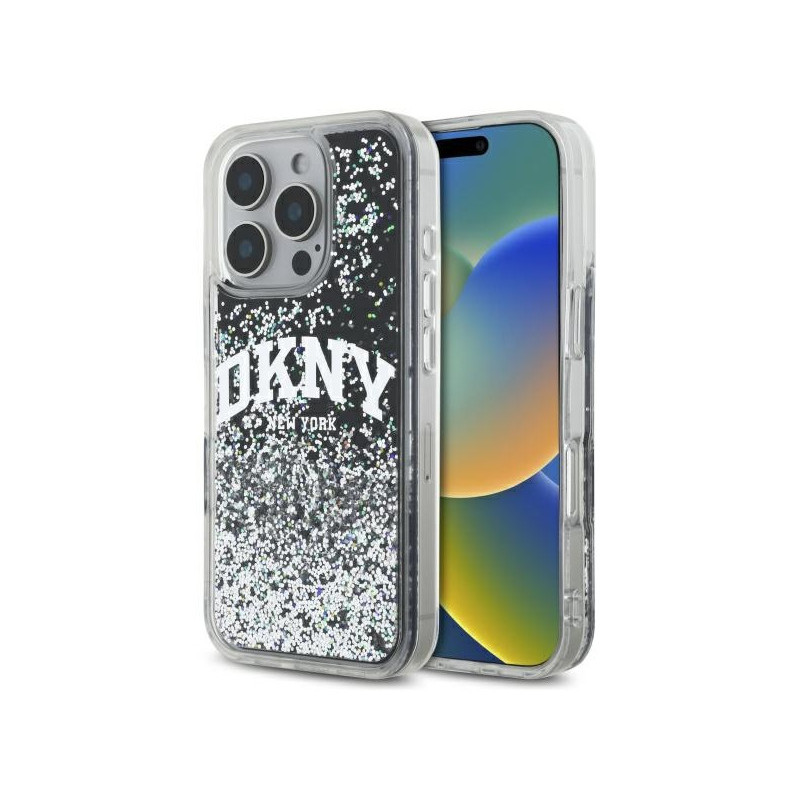 DKNY Coque pour iPhone 16 Pro rigide noire scintillante arche logo DKNY Coque pour iPhone 16 Pro rigide noire scintillante arche logo