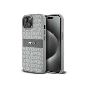 DKNY Coque rigide beige cuir rayures & logo métal iPhone 14 Plus/15 Plus
