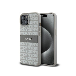 DKNY Coque rigide beige cuir rayures & logo métal iPhone 14 Plus/15 Plus