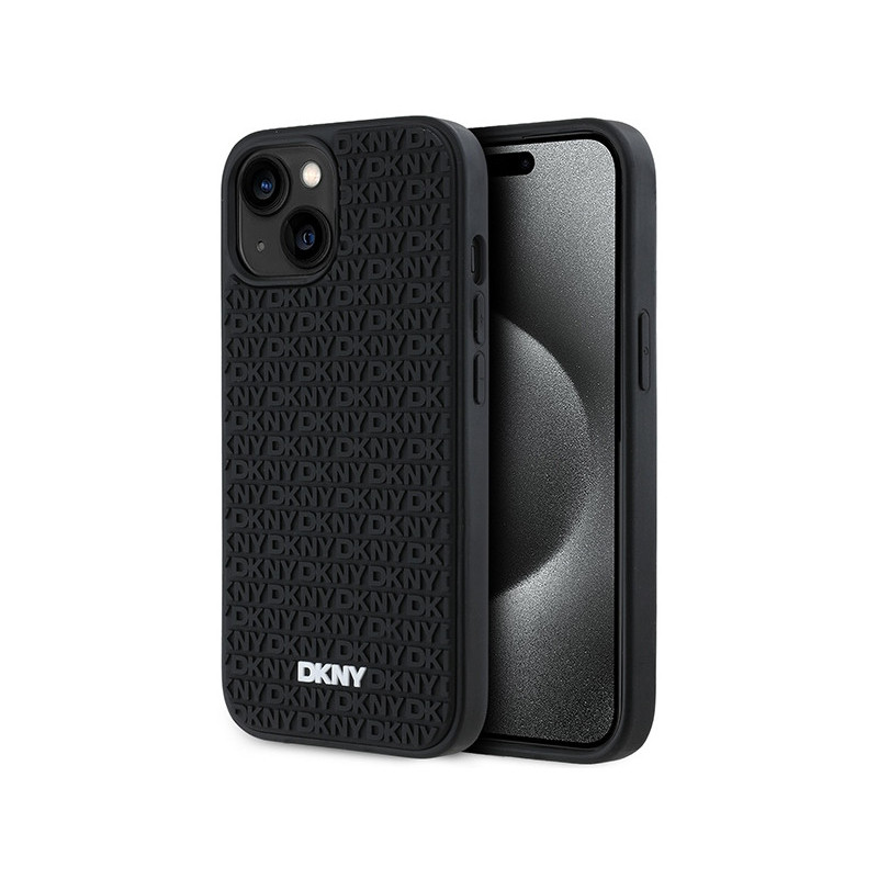 DKNY Coque noire pour iPhone 13/14/15 motif en caoutchouc 3D répétitif DKNY Coque noire pour iPhone 13/14/15 motif en caoutchouc 3D répétitif