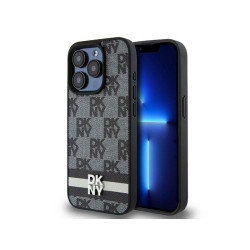 DKNY Coque rigide noire cuir damier mono & imprimé pour iPhone 15 Pro Max