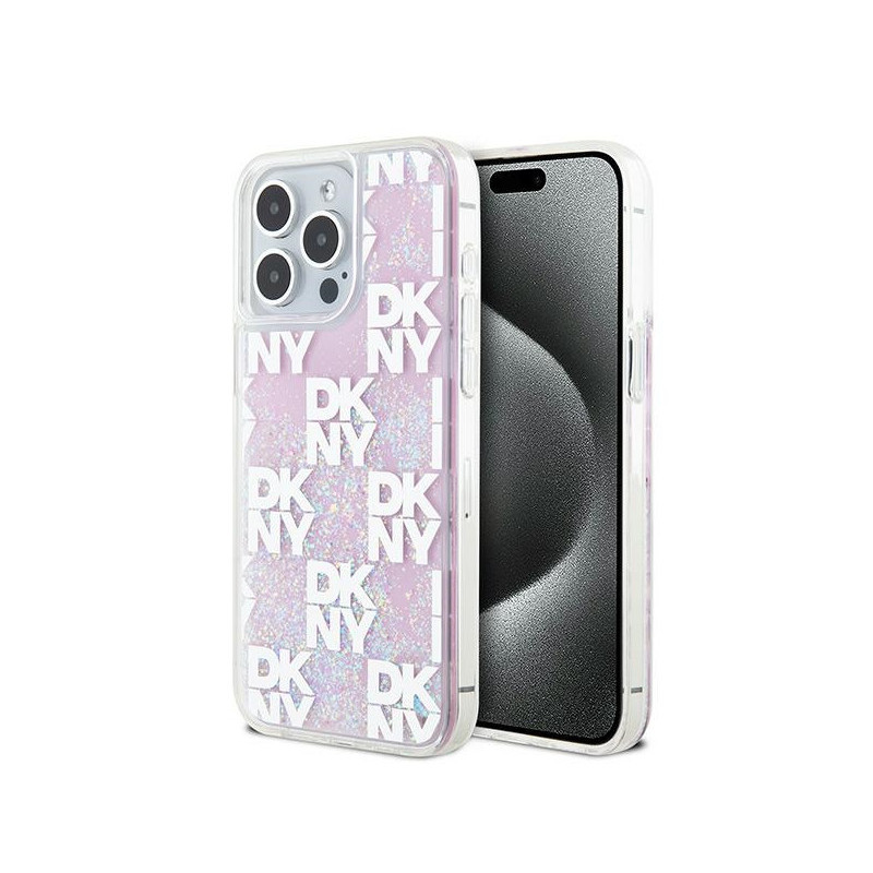 DKNY Coque iPhone 15 Pro Max rigide rose scintillante multilogo DKNY Coque iPhone 15 Pro Max rigide rose scintillante multilogo