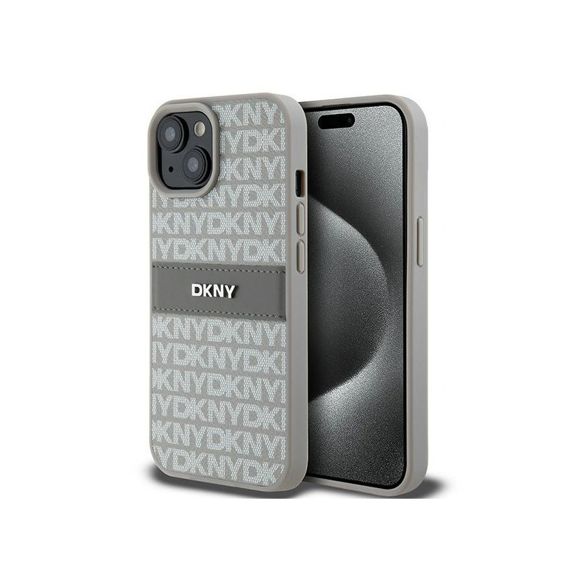 DKNY Coque beige pour iPhone 13/14/15 cuir mono rayures et logo en métal DKNY Coque beige pour iPhone 13/14/15 cuir mono rayures et logo en métal