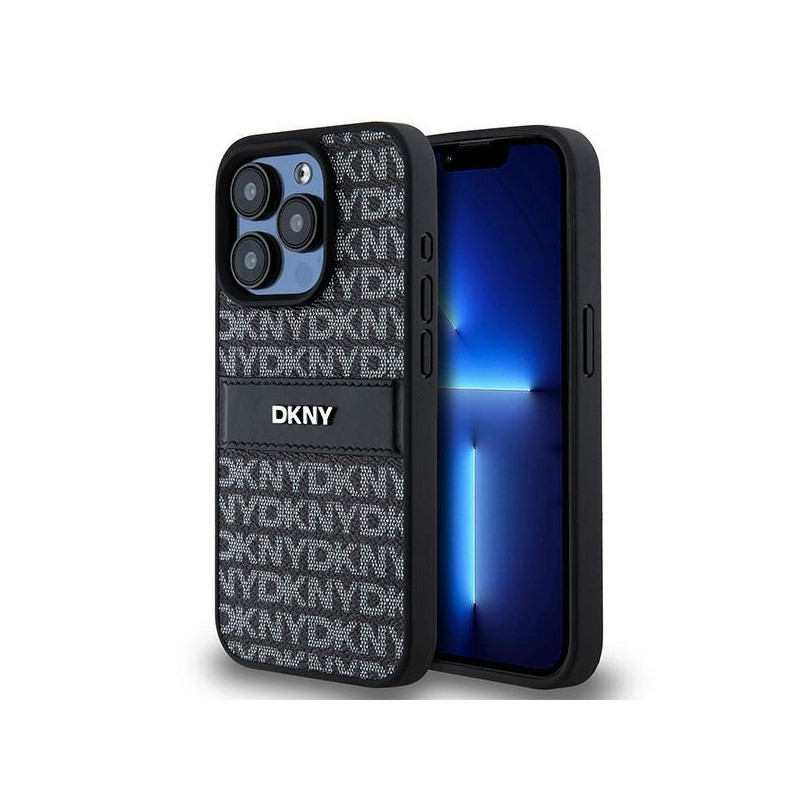 DKNY Coque pour iPhone 15 Pro noire Cuir Bande Uni Logo Métal