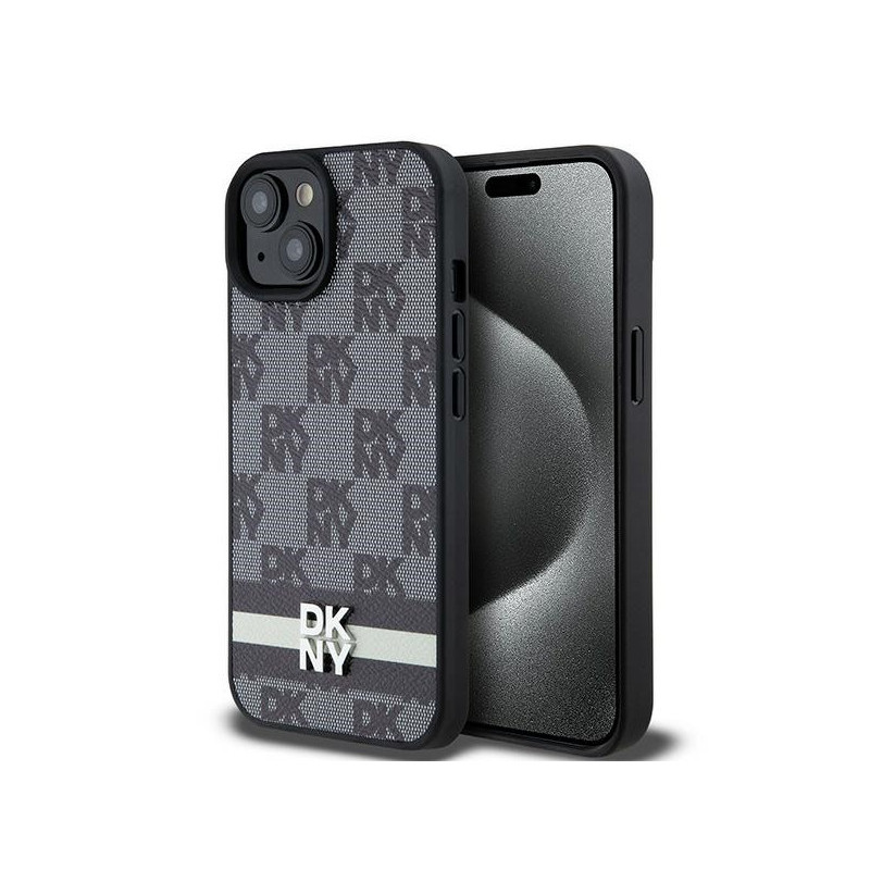 DKNY Coque noire pour iPhone 13/14/15 cuir motif à carreaux mono et imprimé DKNY Coque noire pour iPhone 13/14/15 cuir motif à carreaux mono et imprimé