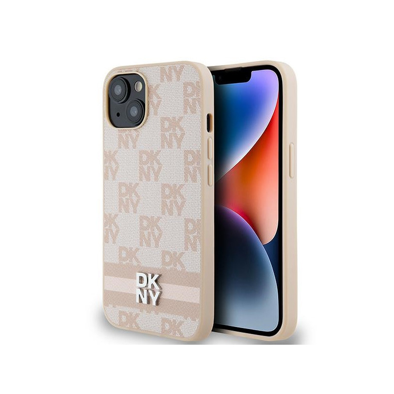 DKNY Coque rigide rose cuir damier mono imprimé pour iPhone 13/14/15 DKNY Coque rigide rose cuir damier mono imprimé pour iPhone 13/14/15