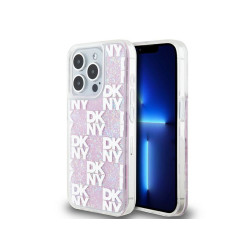 DKNY Coque iPhone 15 Pro rigide rose scintillante multilogo