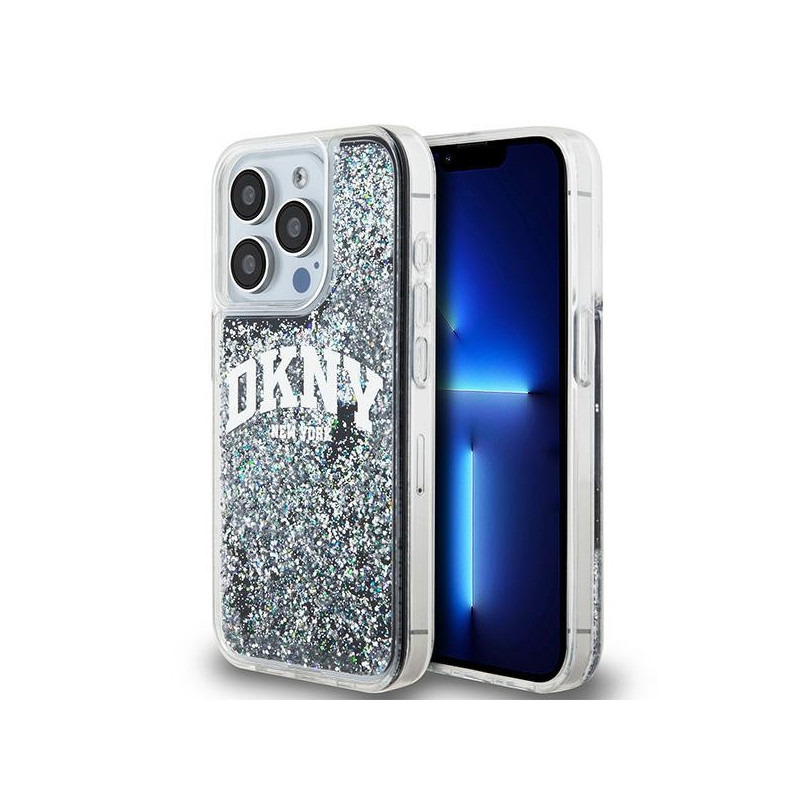 DKNY Coque pour iPhone 15 Pro noire Paillettes Liquides Grand Logo