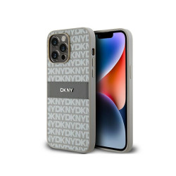 DKNY Coque beige iPhone 14 Pro Max rigide cuir bande mono & logo métal