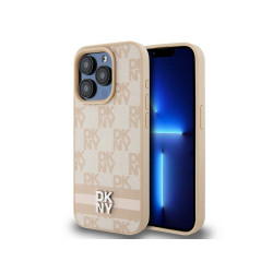 DKNY Coque iPhone 15 Pro Max rigide rose cuir damier mono & imprimé