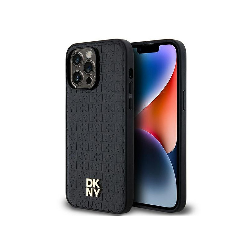 DKNY Coque noire pour iPhone 13 Pro Max cuir motif logo métallique MagSafe