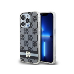 DKNY Coque noire iPhone 14 Pro rigide IML motif damier mono & rayures