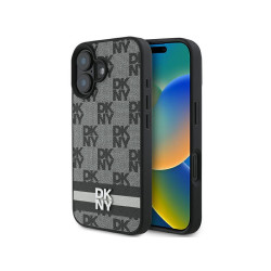 DKNY Coque iPhone 16 rigide noire damier & rayures imprimées