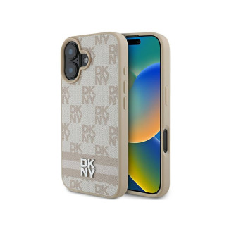 DKNY Coque iPhone 16 rigide rose damier & rayures imprimées