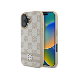 DKNY Coque iPhone 16 rigide rose damier & rayures imprimées