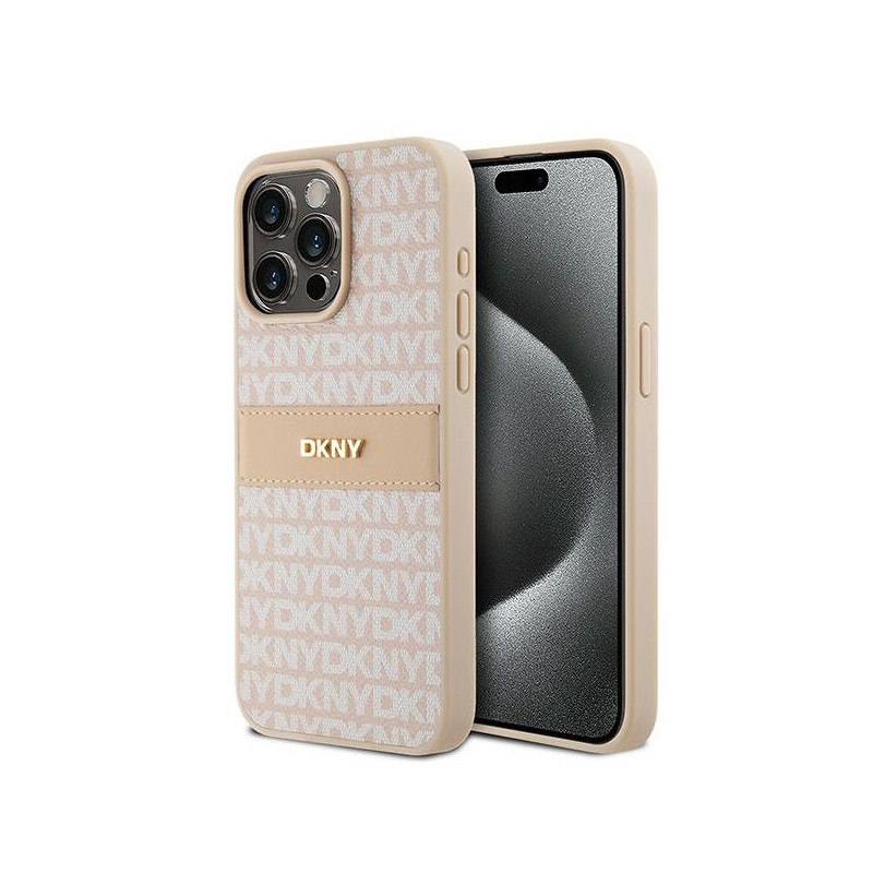 DKNY Coque iPhone 15 Pro Max rigide rose cuir rayures mono & logo métal