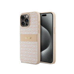 DKNY Coque iPhone 15 Pro Max rigide rose cuir rayures mono & logo métal