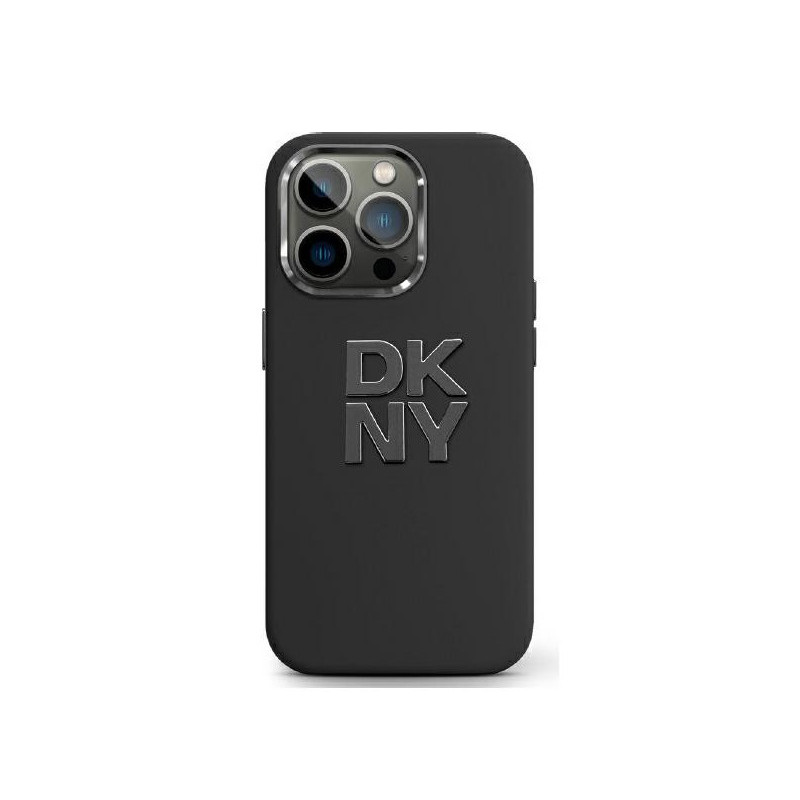 DKNY Coque iPhone 16 rigide noire silicone logo métal