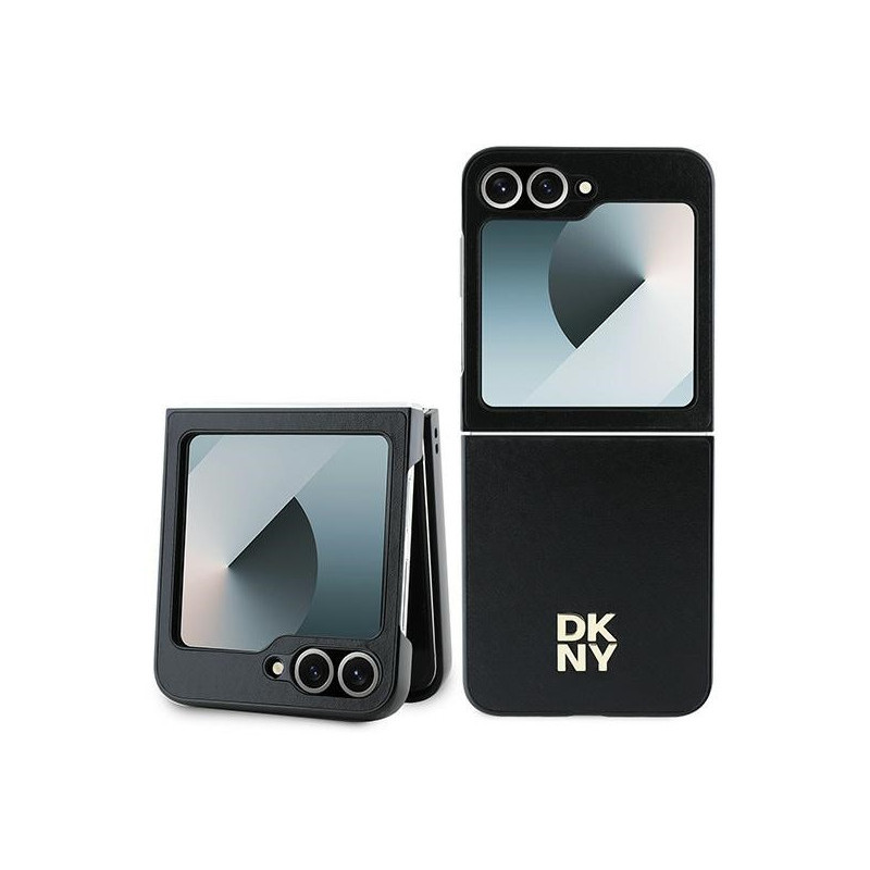 DKNY Coque pour Samsung Galaxy Z Flip6 noire cuir logo métal empilé