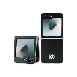 DKNY Coque pour Samsung Galaxy Z Flip6 noire cuir logo métal empilé