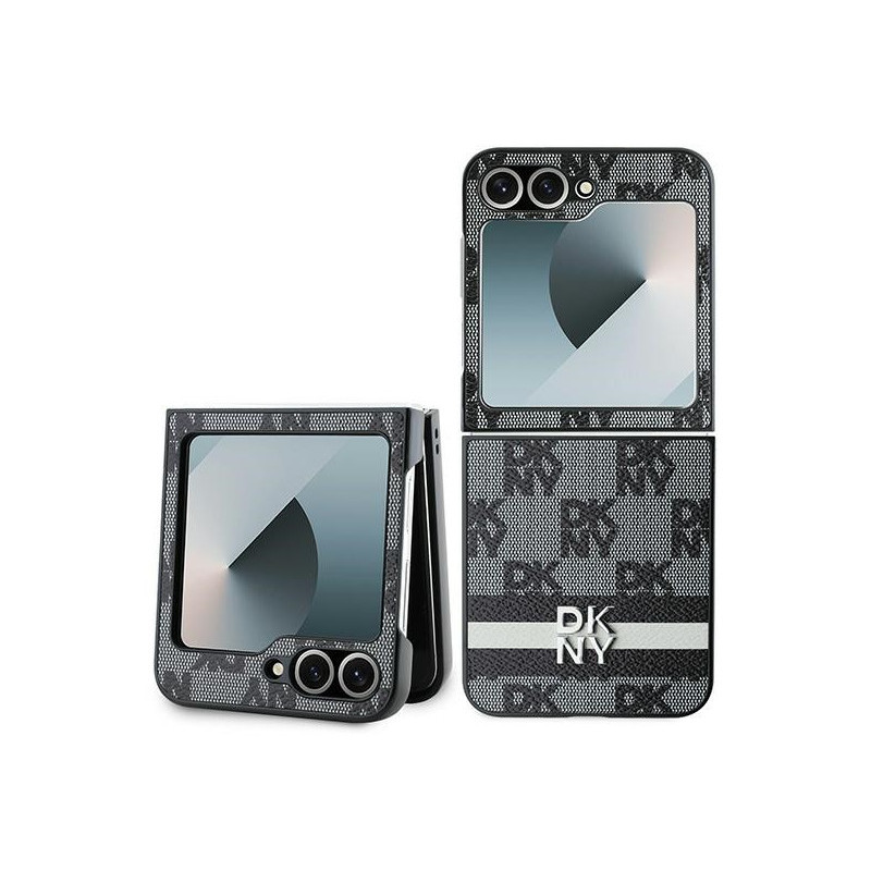 DKNY Coque pour Samsung Galaxy Z Flip6 noire damier imprimé rayures DKNY Coque pour Samsung Galaxy Z Flip6 noire damier imprimé rayures