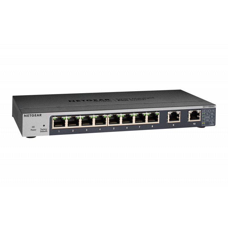 Netgear 8-Port Gigabit ports avec 2-Port Multi-Gig ports (100M/1G/2.5G/5G/10G) GS110EMX-100PES Netgear 8-Port Gigabit ports avec 2-Port Multi-Gig ports (100M/1G/2.5G/5G/10G) GS110EMX-100PES