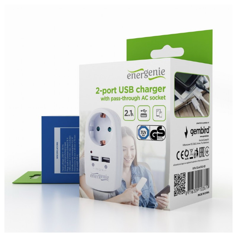 EnerGenie Multi-prises Courant continu et chargeur 2 ports USB. 2.1 A. blanc EG-ACU2-02