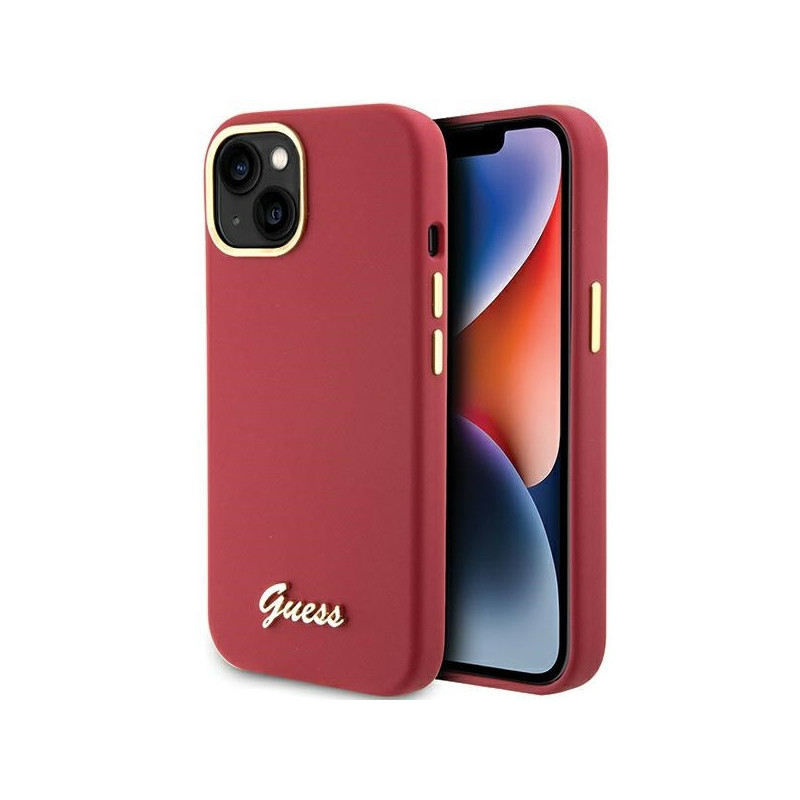 Guess iPhone 13/14/15 magenta hardcase Silicone Script Metal Logo & Frame