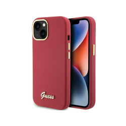 Guess iPhone 13/14/15 magenta hardcase Silicone Script Metal Logo & Frame