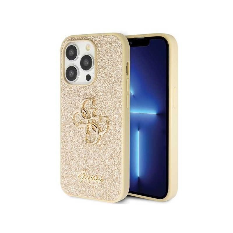 Guess iPhone 14 Pro gold hardcase Glitter Script Big 4G