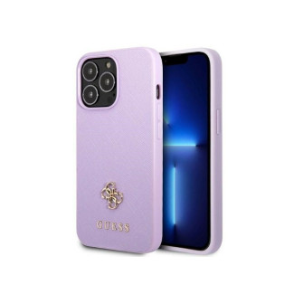 Guess Coque rigide violette pour iPhone 13 Pro Max Saffiano logo métal 4G
