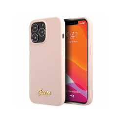 Guess Coque rigide rose clair iPhone 13 Pro Max script logo doré silicone