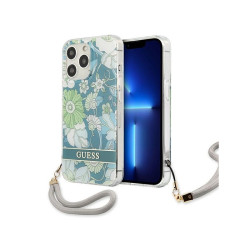Guess Coque rigide verte pour iPhone 13 Pro Max avec sangle à fleurs