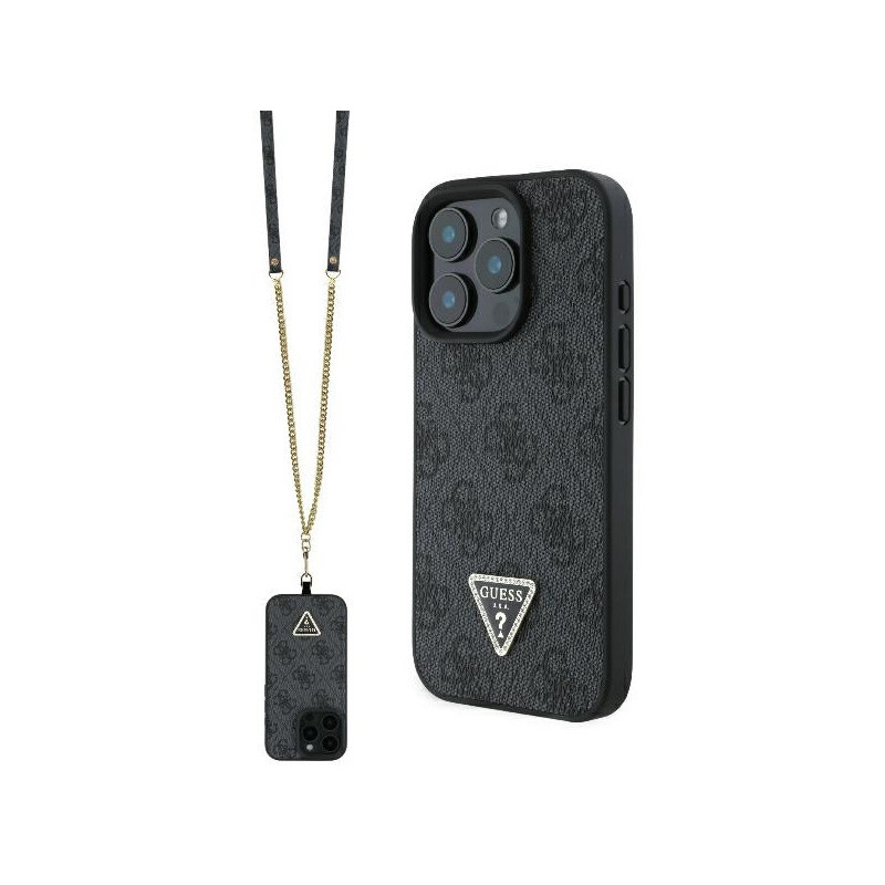 Guess iPhone 16 Pro black hardcase Leather Metal Logo Strass Crossbody
