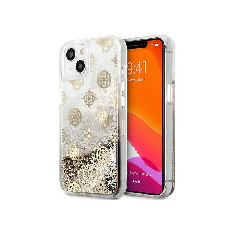 Guess Coque rigide dorée pour iPhone 13 mini paillettes liquides pivoine Guess Coque rigide dorée pour iPhone 13 mini paillettes liquides pivoine