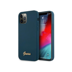Guess Coque rigide bleue pour iPhone 12 Pro Max logo métal script
