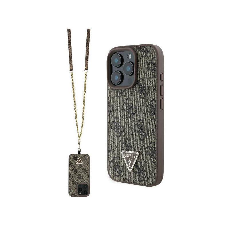 Guess iPhone 16 Pro brown hardcase Leather Metal Logo Strass Crossbody Guess iPhone 16 Pro brown hardcase Leather Metal Logo Strass Crossbody