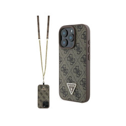 Guess iPhone 16 Pro brown hardcase Leather Metal Logo Strass Crossbody