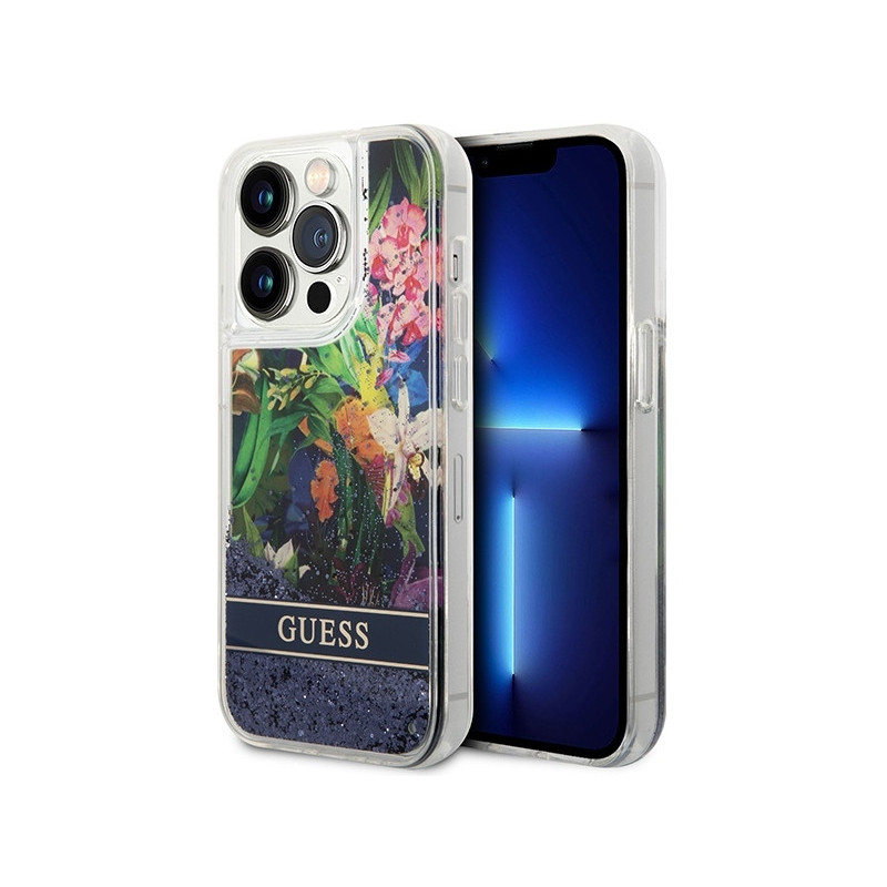 Guess iPhone 14 Pro blue hardcase Flower Liquid Glitter