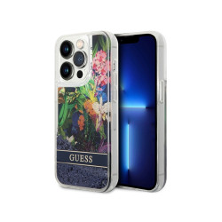 Guess iPhone 14 Pro blue hardcase Flower Liquid Glitter