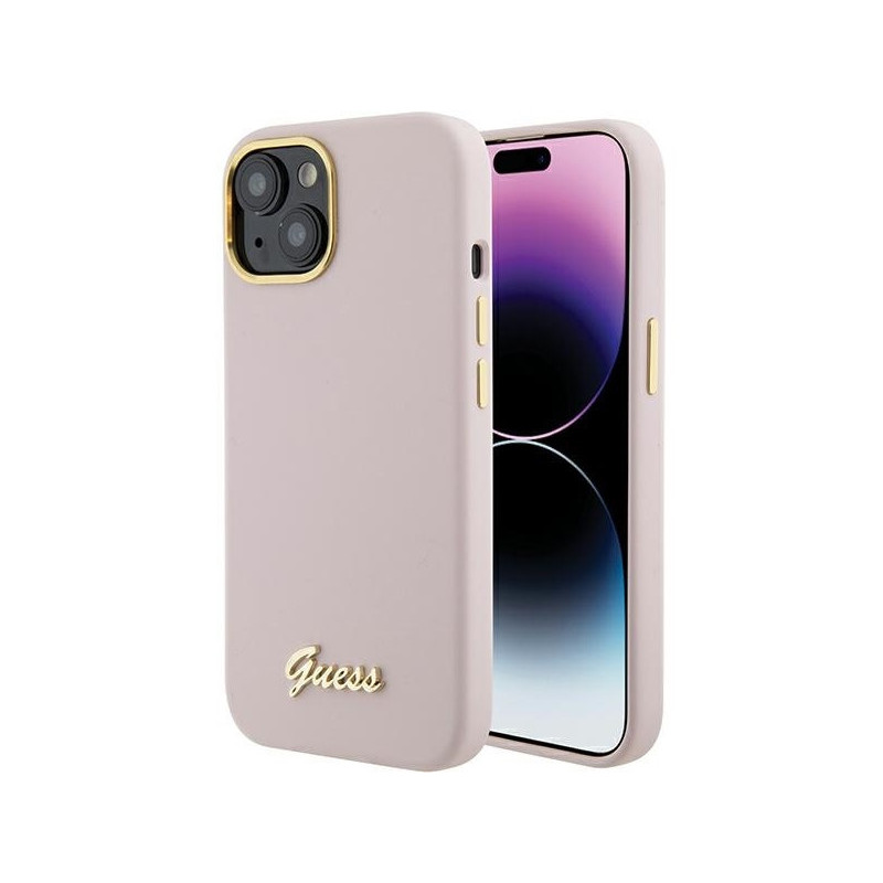 Guess iPhone 13/14/15 pink hardcase Silicone Script Metal Logo & Frame