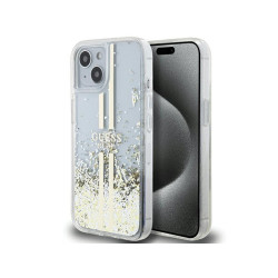 Guess iPhone 13/14/15 transparent hardcase Liquid Glitter Gold Stripes
