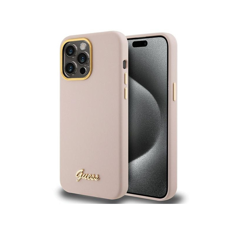 Guess iPhone 15 Pro Max pink hardcase Silicone Script Metal Logo & Frame