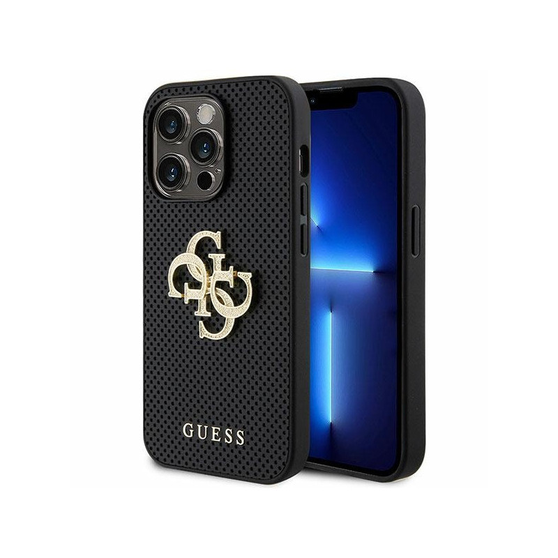 Guess iPhone 15 Pro Max black hardcase Leather Perforated 4G Glitter Logo