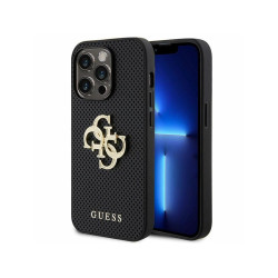 Guess iPhone 15 Pro Max black hardcase Leather Perforated 4G Glitter Logo