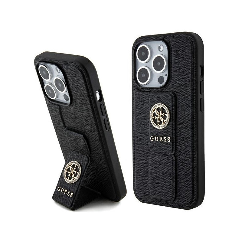 Guess iPhone 15 Pro Max black hardcase Grip Stand 4G Saffiano Strass