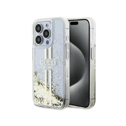 Guess iPhone 15 Pro transparent hardcase Liquid Glitter Gold Stripes