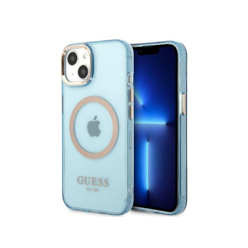 Guess iPhone 13/14/15 blue hardcase Gold Outline Translucent MagSafe Guess iPhone 13/14/15 blue hardcase Gold Outline Translucent MagSafe